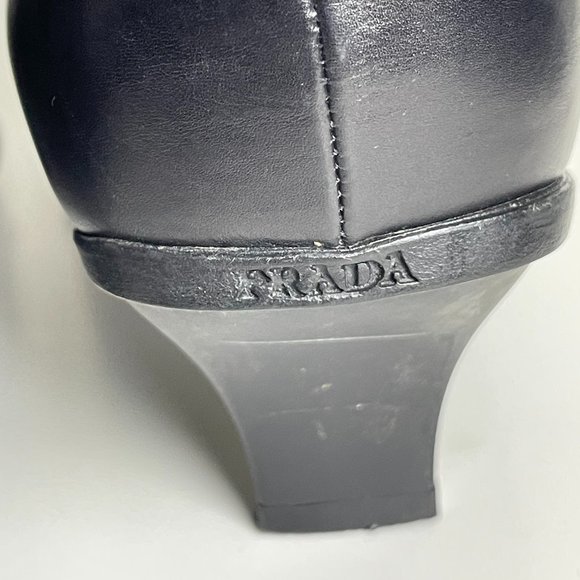 Prada | Black Leather Buckle Kitten Heel Boots - Picture 9 of 10